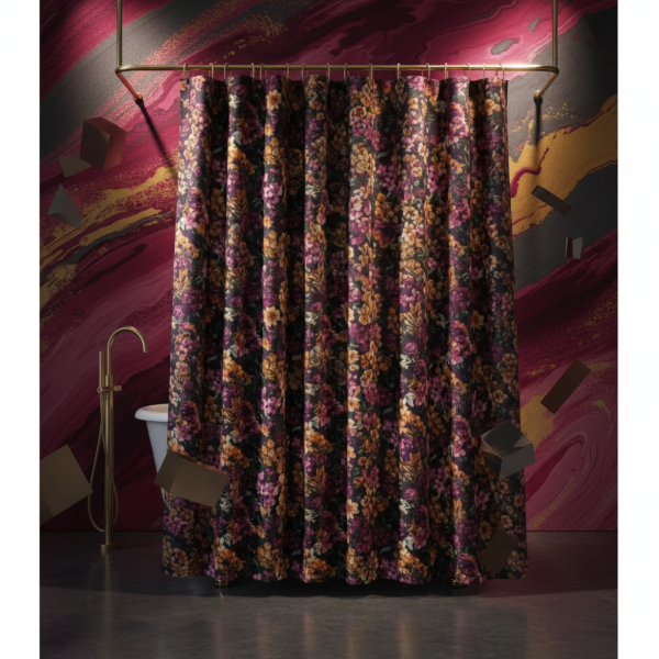 Producto - CORTINA PARA BAÑO DE RASO TEFLONADA ESTAMPA "MORADA FLORES "