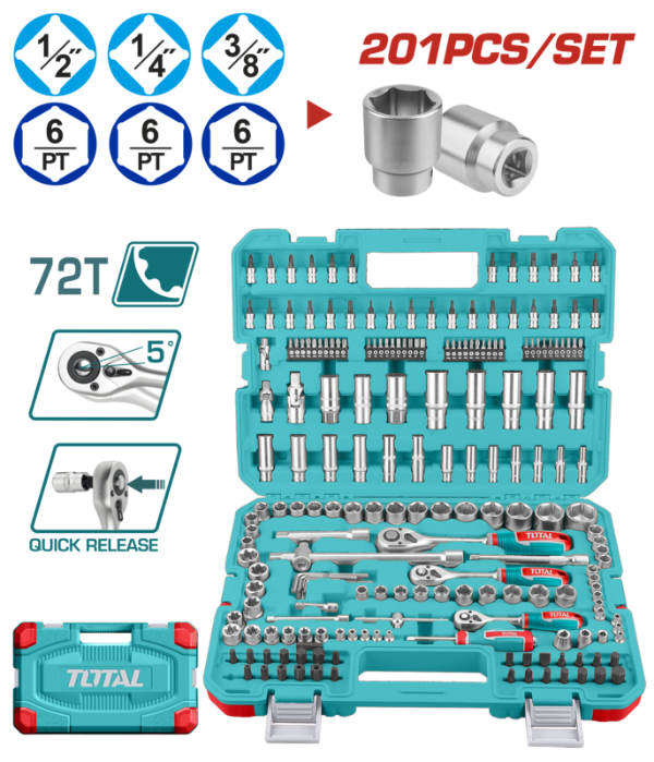 Producto - JUEGO DE LLAVES Y TUBOS 1/4, 1/2 Y 3/8 PULG. (201 PZS) - TOTAL