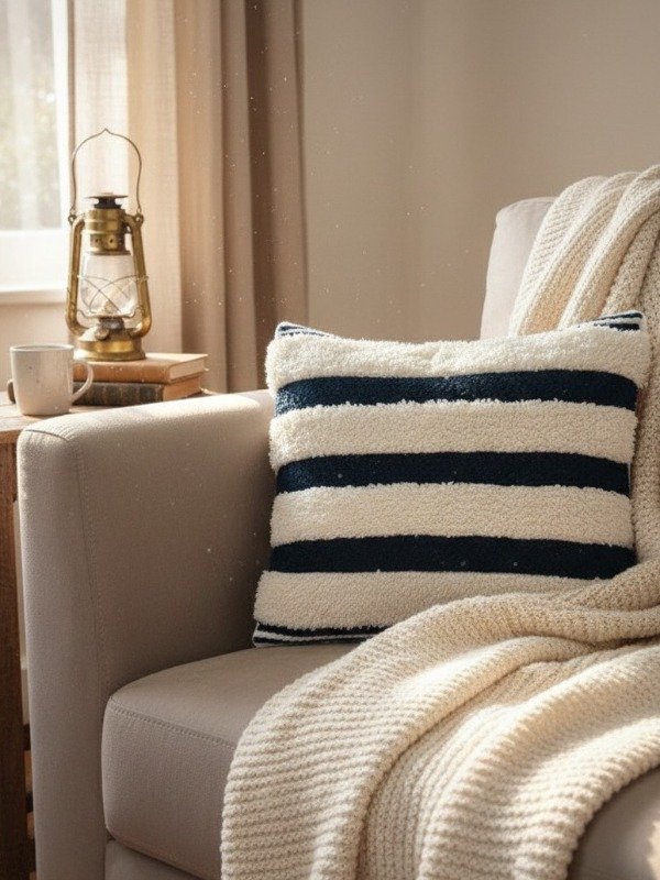 Producto - Almohadón Bordado en Relieve- Azul y blanco a rayas