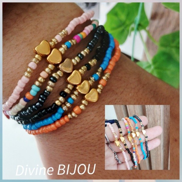 Producto - Pulsera elásticas mostacillas corazón dorado