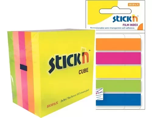 Producto - Notas adhesivas flúo 75x75mm + señaladores banderitas STICK'N