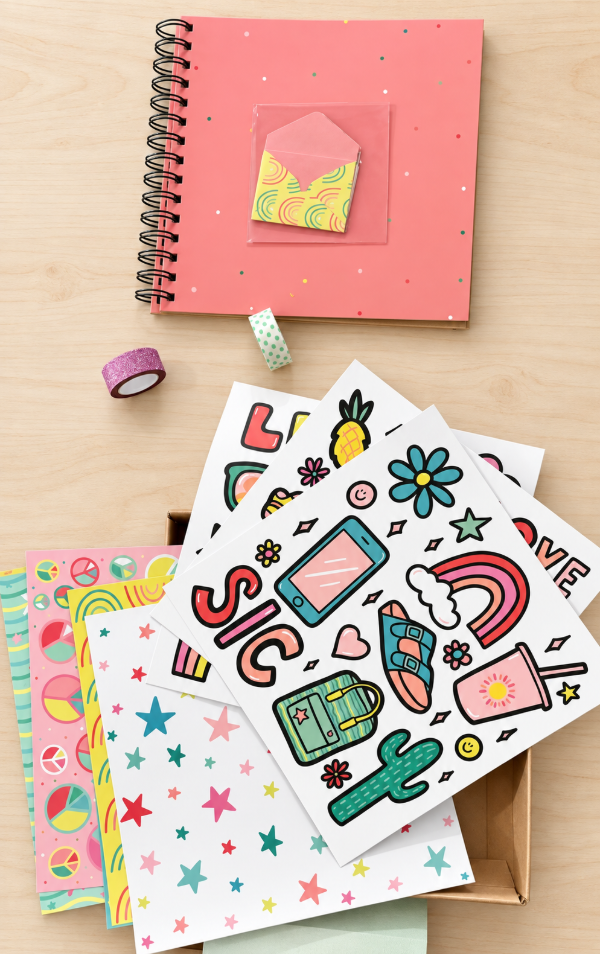 Producto - Kit SCRAPBOOK Con Stickers, Cintas, Sobres, Papeles, y Libreta. - 1