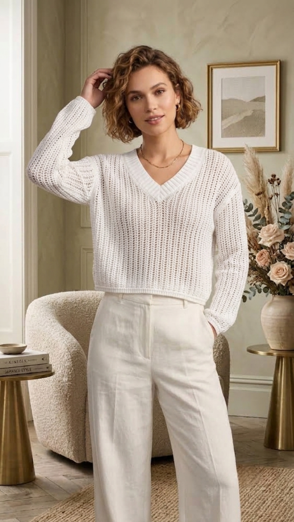 Producto - Suéter Crop de Punto Calado Algodón con Cuello en V ajuste relajado - 9