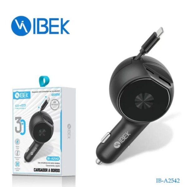Producto - CARGADOR PARA AUTO 30W CON CABLE RETRÁCTIL 1 PUERTO USB Y 1 TYPE C IB-A2542 (mx)