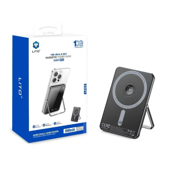 Producto - power bank magnética lito lp03 5000 mah 4 en 1- Negra