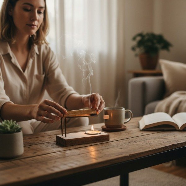 Producto - GANGA - PORTA PALO SANTO DE MADERA Y HIERRO DISCONTINUO (NO INCLUYE VELA)