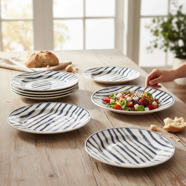 Producto - SET DE 4 PLATOS PLAYOS BIONA RAYAS AZULES DE CERAMICA 24CM