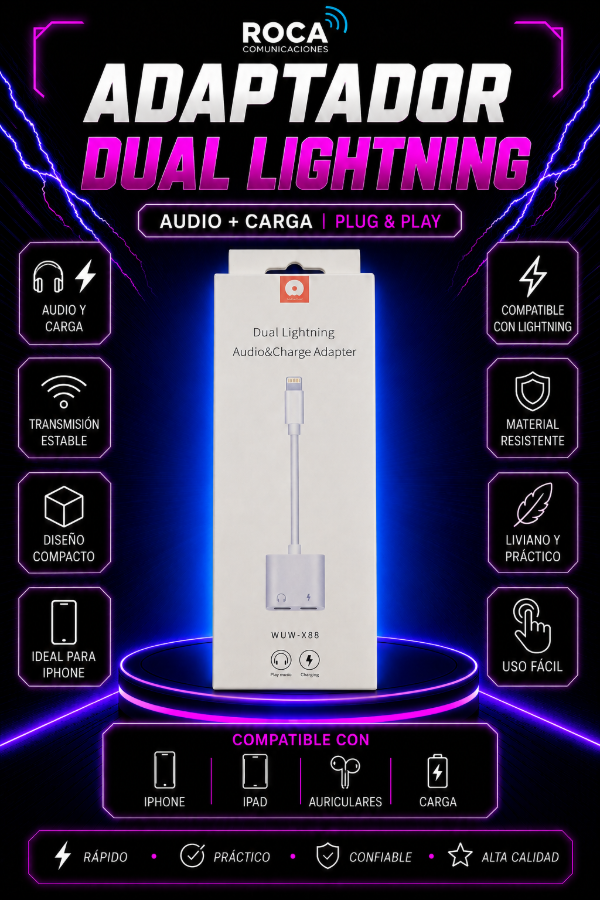 Producto - Adaptador Dual Lightning Audio  Carga WUW X88