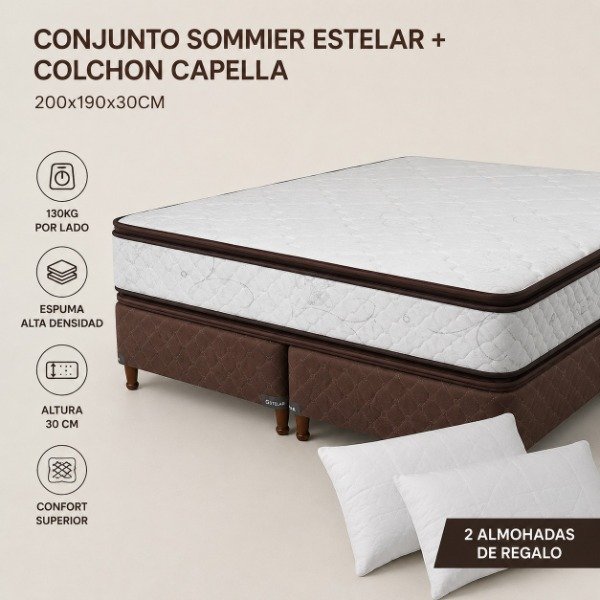 Producto - CONJUNTO SOMMIER ESTELAR + COLCHON CAPELLA 200x190x30CM + 2 ALMOHADAS DE REGALO
