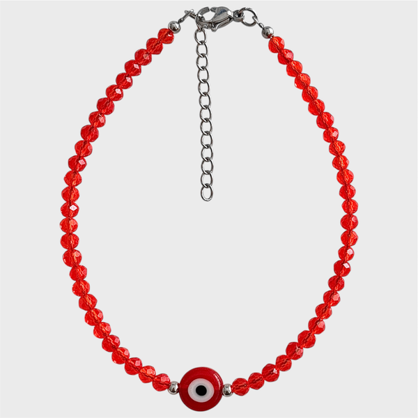 Producto - Tobillera de cristal checo y acero quirúrgico - Rojo con ojito - 4mm