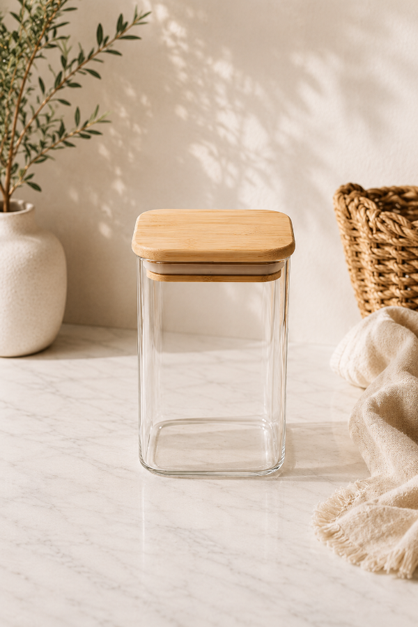 Producto - Frasco de Vidrio Tapa Bambu Cuadrado