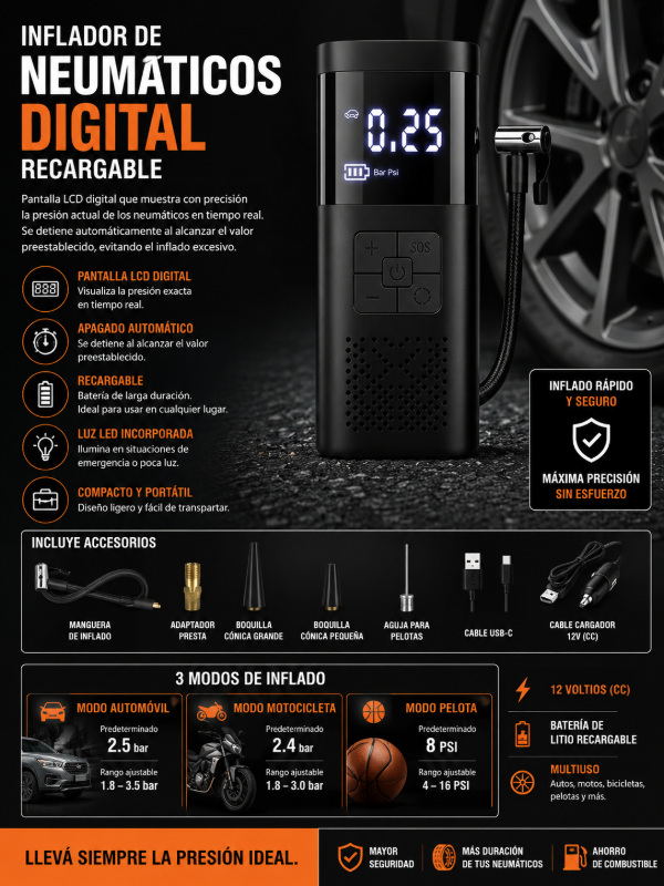 Producto - Inflador de Neumáticos Digital Recargable 12V