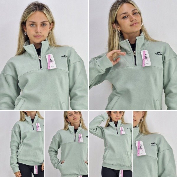 Producto - Buzo medio cierre Canguro Cibarta TDR Verde pastel    Algodón Frisado Suave