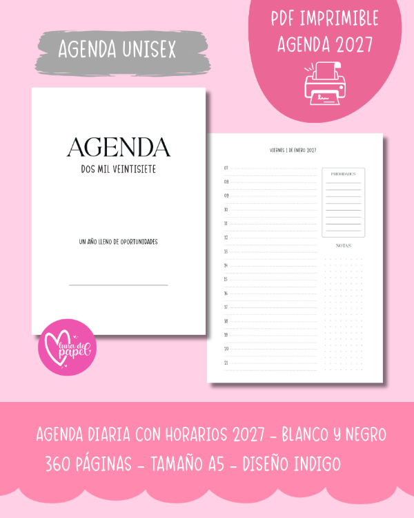 Producto - AGENDA DIARIA CON HORARIOS 2027 - Diseño INDIGO BLANCO Y NEGRO