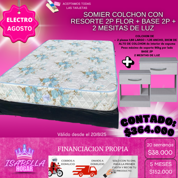 Producto - SOMIER COLCHON FLOR 2P + BASE 2P + 2 MESITAS DE LUZ MELAMINA