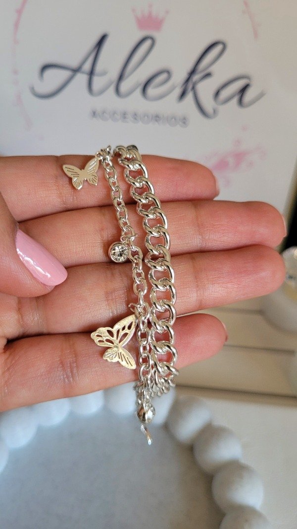 Producto - Pulsera doble cadena con dijes mariposa y strass de acero blanco - 1