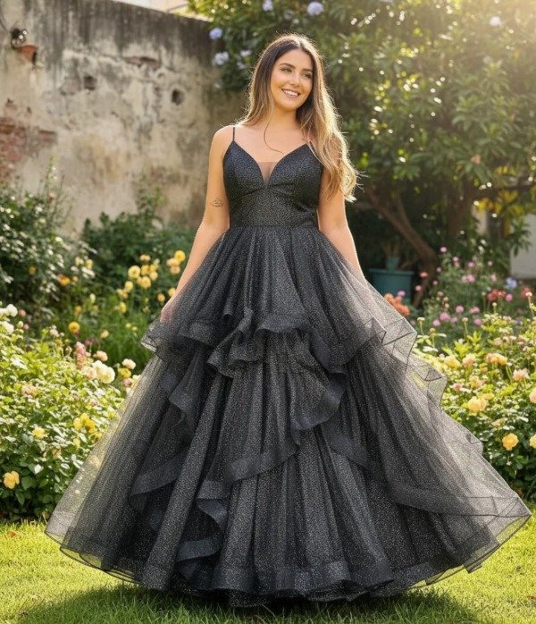 Vestido largo capas de tul con glitter Shara S39 — imagen 2