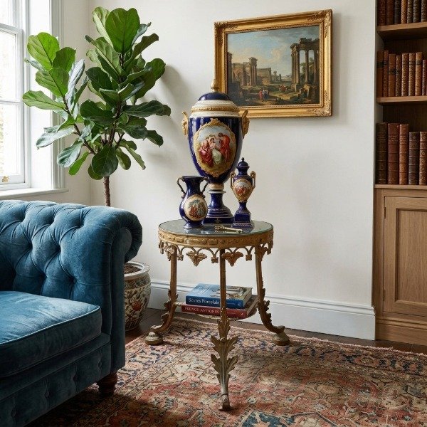Producto - Conjunto de 3 Piezas de Porcelana de Estilo Sevres, Azul Cobalto y Oro - 0