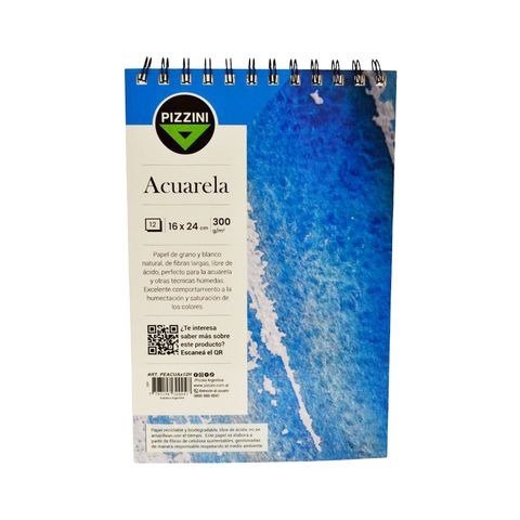 Producto - BLOCK DE DIBUJO 16X24CM PARA ACUARELA 300GRS 12 HOJAS CON ESPIRAL PIZZINI