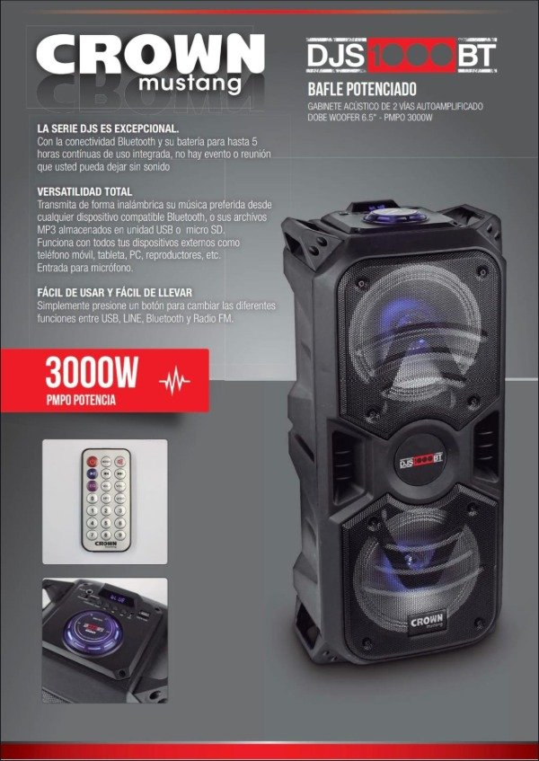 Producto - PARLANTE CROWN MUSTANG DJS1000BT DOBLE WOOFER 6.5"X2 3.000 PMPO
