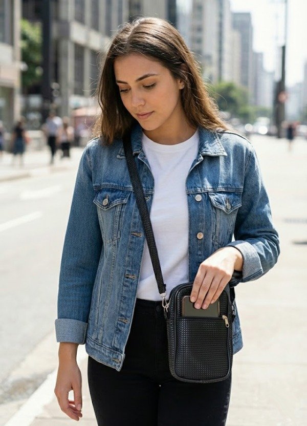 Producto - Cartera bandolera porta celular negra texturada niquel