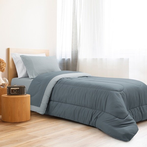 Producto - JUEGO DE SÁBANAS BITONO DE MICROFIBRA PREMIUM 1 1/2 PLAZA COLOR ACERO