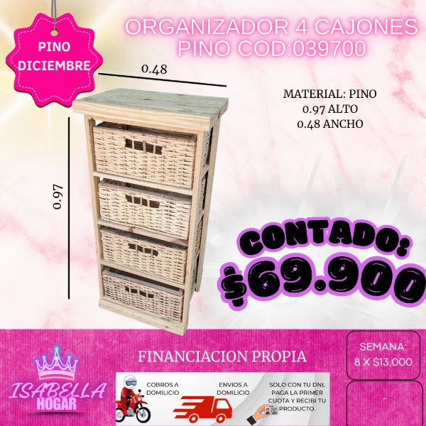 Producto - ORGANIZADOR 4 CAJONES PINO COD:039700