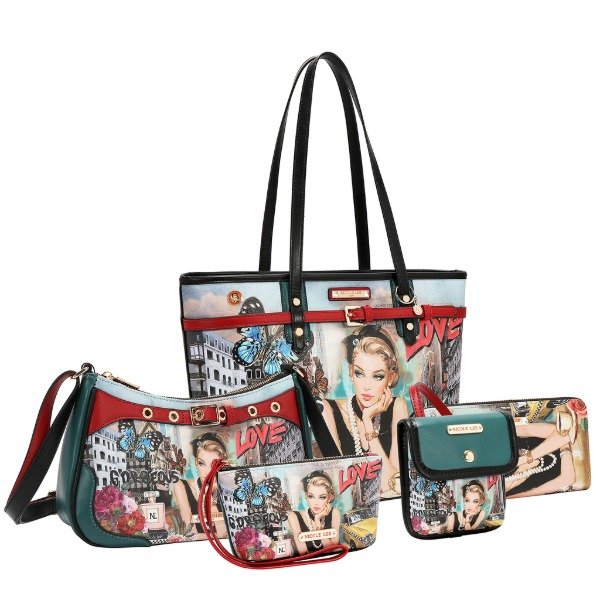 Producto - Set  Nicole Lee de 5 piezas Cartera, Bandolera Billetera Mini Neceser y Llavero - 0