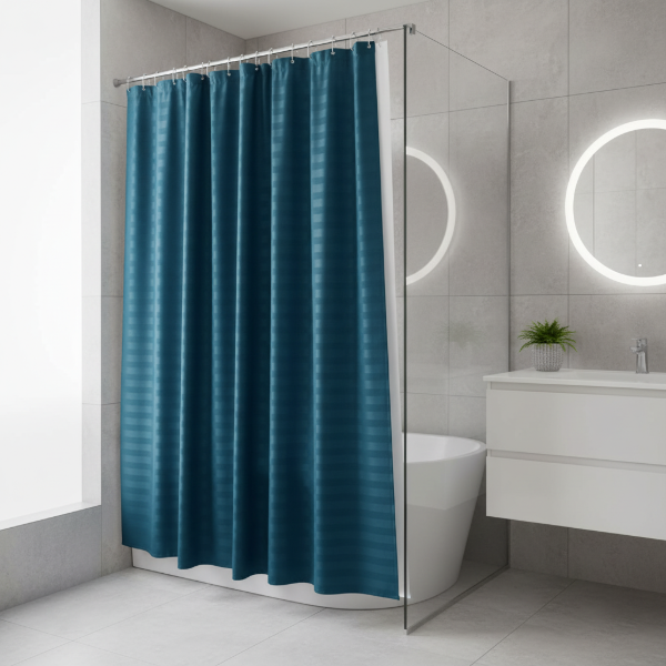 Producto - Kit para Baño Cortina 3D con Protector + Ganchos "Petróleo Líneas"