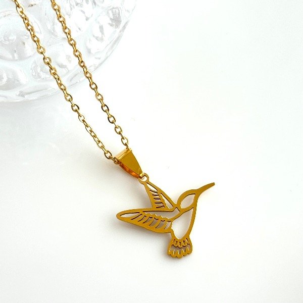 Producto - Collar de acero dorado - Espejito 1mm - Colibri calado