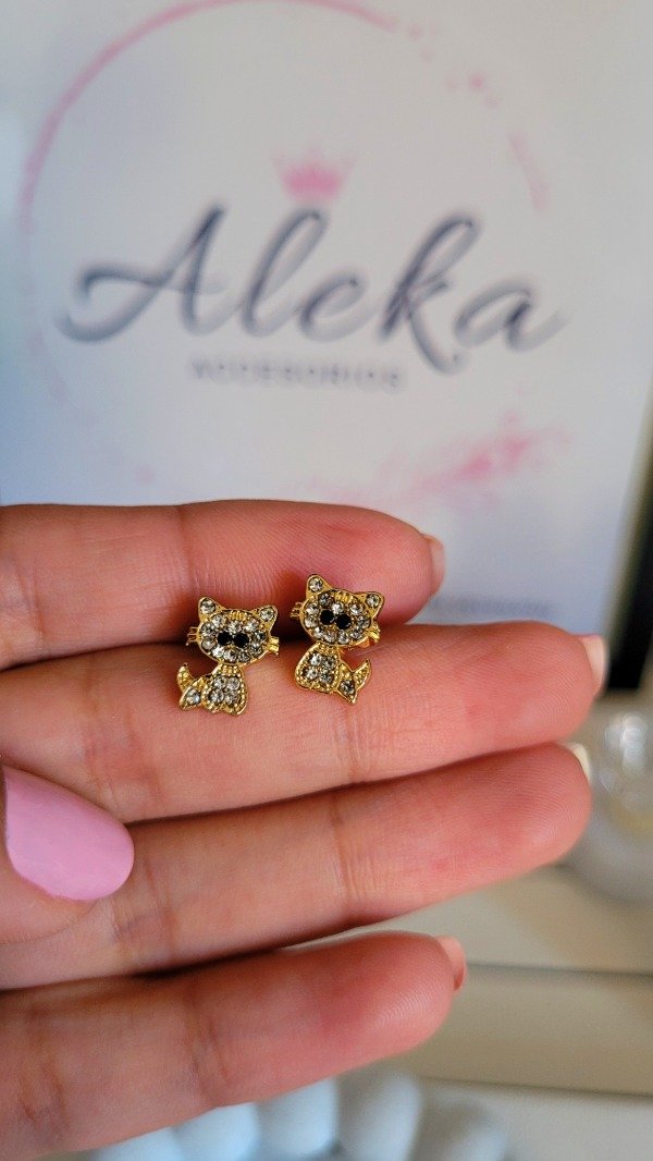 Producto - Aros gatitos con strass de acero dorado - 0