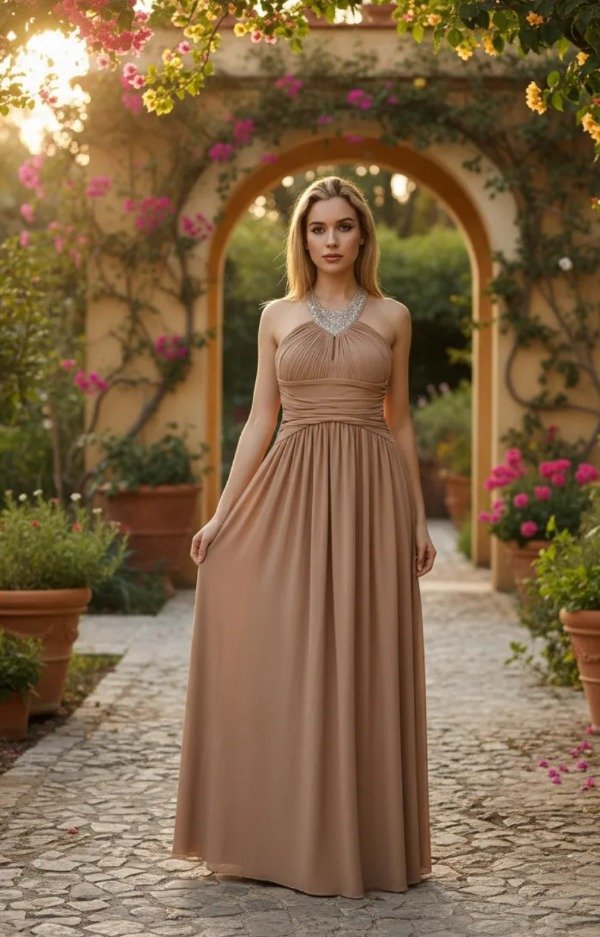 Vestido largo con collar y escote halter