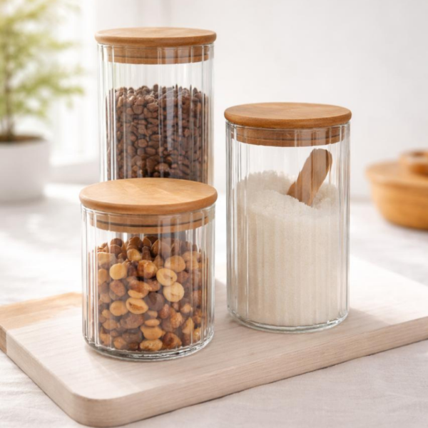 Producto - Set x 3 frascos vidrio - Tapa bamboo