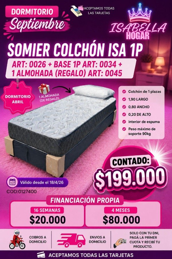 Producto - SOMIER COLCHON ISA 1P + BASE 1P + 1 ALMOHADA (REGALO) COD:0127400