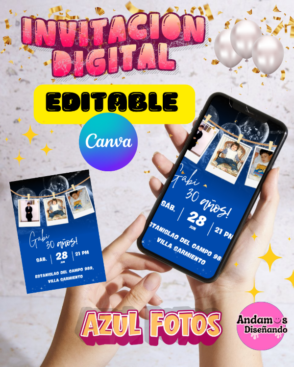 Producto - INVITACIÓN DIGITAL EDITABLES EN CANVA. DISCO 30 AÑOS
