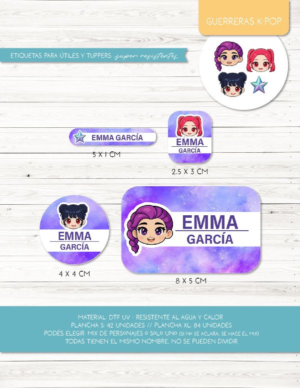 Producto - Etiquetas para ÚTILES y TUPPERS - 06.Guerreras K-pop