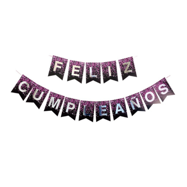 Producto - Banderin stamping letra ancha FELIZ CUMPLEAÑOS color negro con confetti fucsia