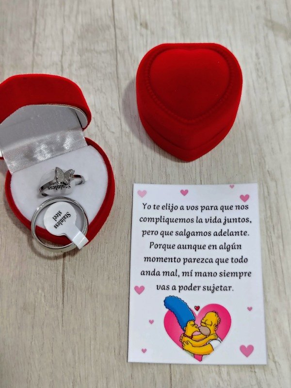 Producto - Anillo mariposa plateada + alianza con cajita y tarjeta