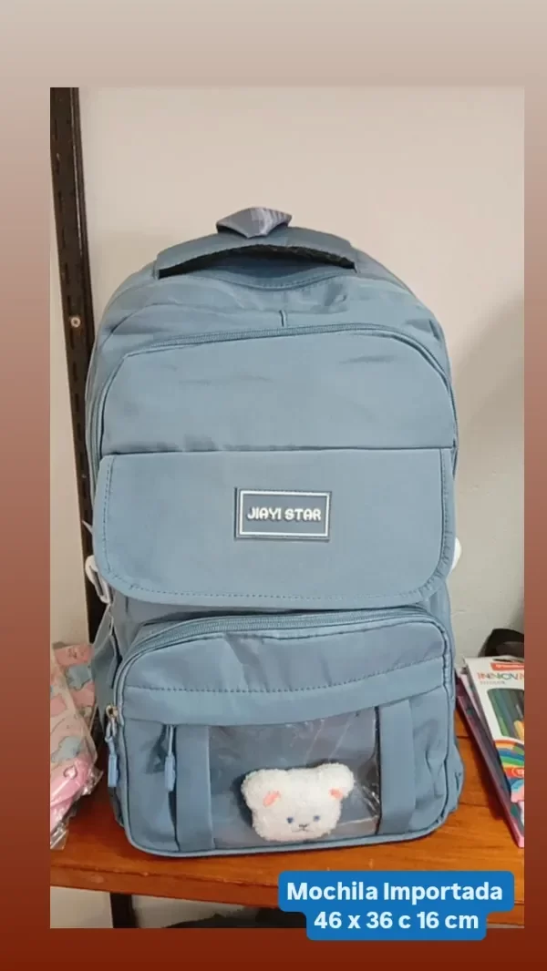 Producto - MOCHILA IMPORTADA CELESTE CON PRENDEDOR DE OSITO