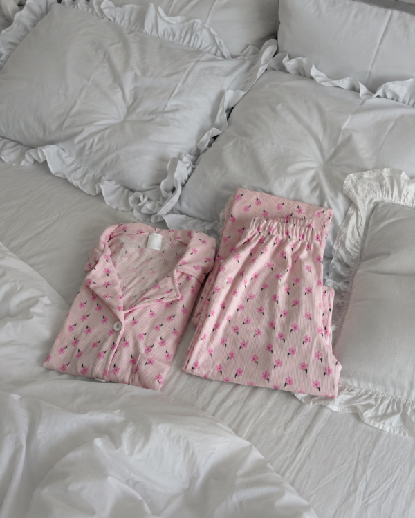 Producto - Pijama camisero de morley largo m/c - Rosa con florcitas