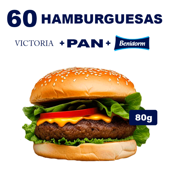 Producto - 60 Hamburguesas De Carne VICTORIA de 80g + Pan + Ade