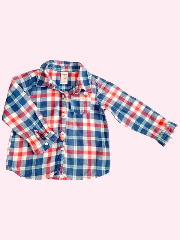 Producto - Camisa manga larga cuadrille azul y rojo con lentejuelas Oshkosh 24 meses