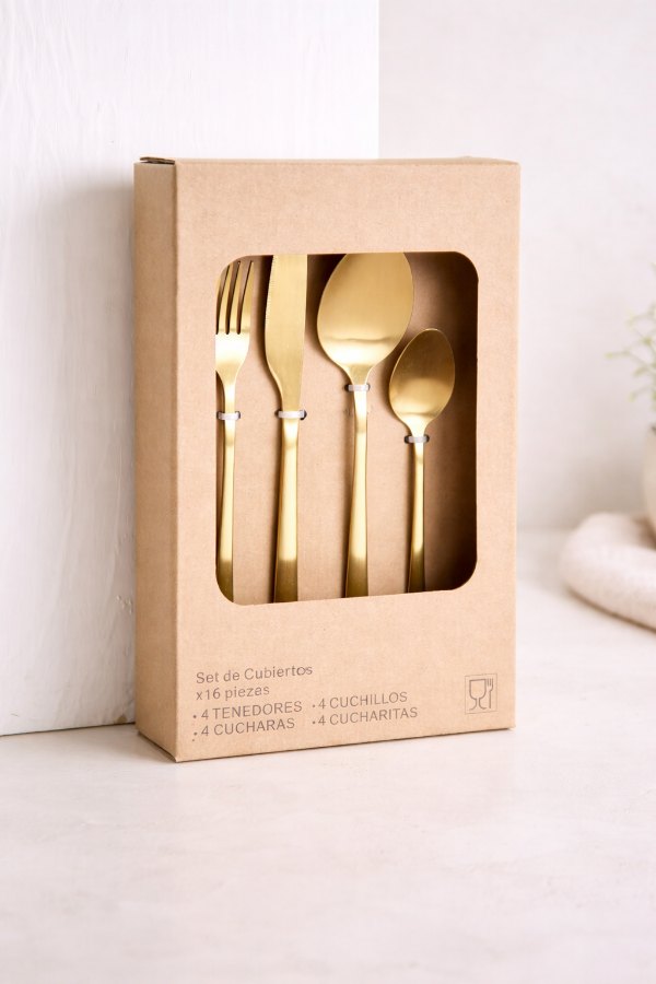 Producto - Set de Cubiertos Dorados 16 Piezas Acero Inoxidable para 4 Personas