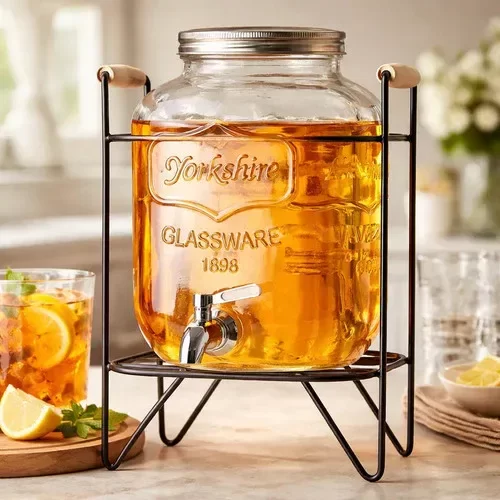 Producto - DISPENSER DE JUGO AGUA CUADRADO DE VIDRIO FRASCO CON BASE METALICA 4 LTS - 0
