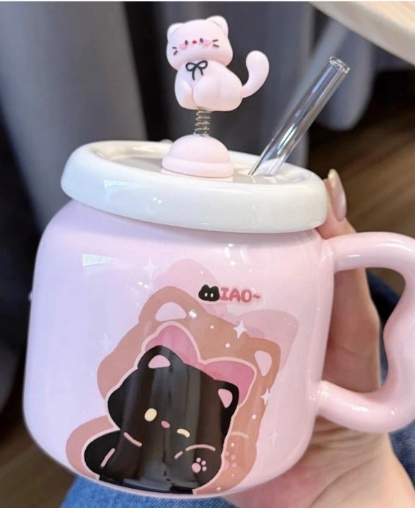 Producto - Taza gatito rosa con tapa y sorbete