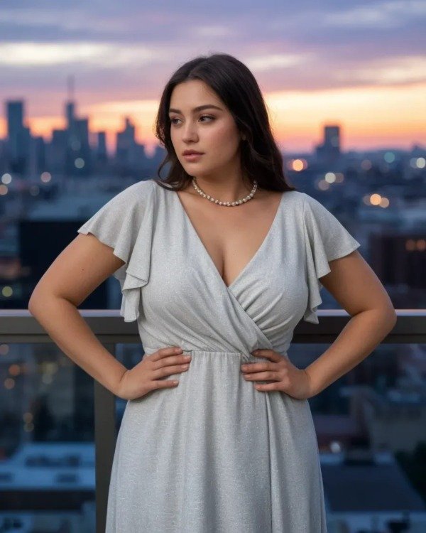 Vestido largo con mangas plateado lurex y talle grande — imagen 2
