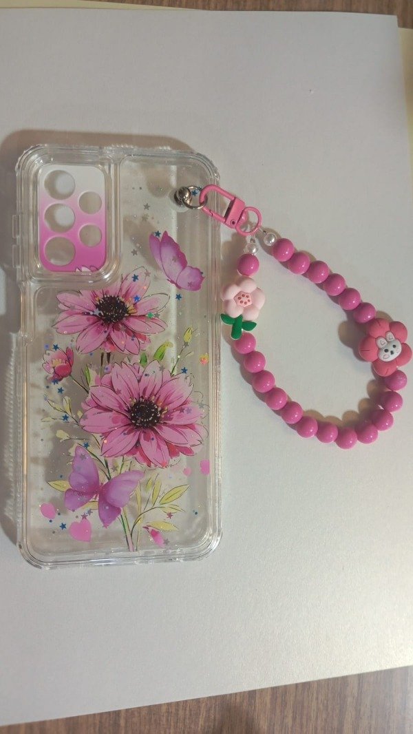 Producto - Funda Transparente Diseño Con Glitter y Cadena Flores para Samsung A23