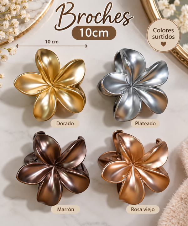 Producto - Broche flor metalizada 10cm x6u.