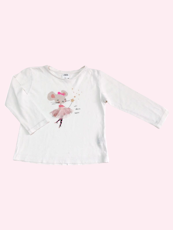 Producto - Remera manga larga blanca con ratoncito Zara 2/3 años