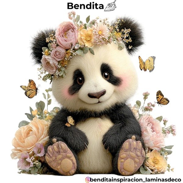 Producto - Bendita Plancha Oso panda con flores y mariposas